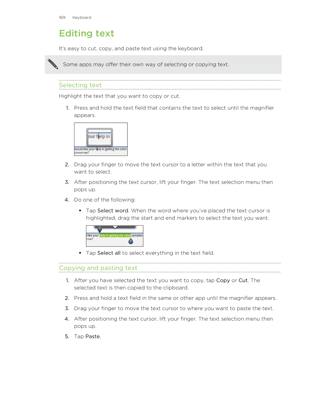 HTC HTCFlyerP512 manual Editing text, Selecting text 