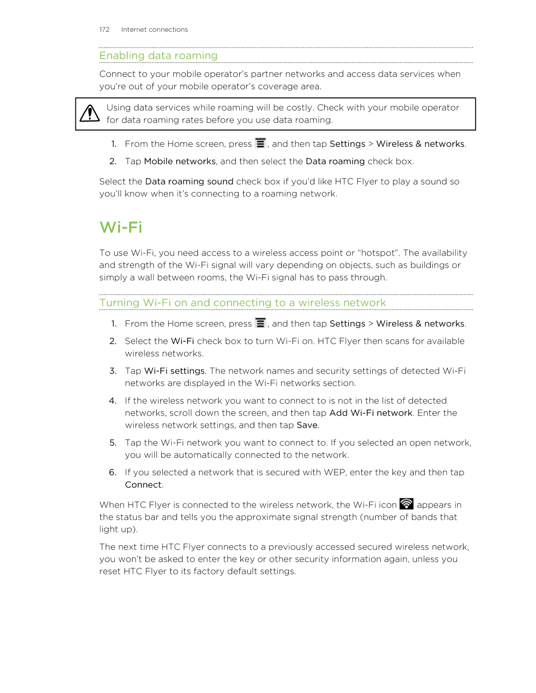 HTC HTCFlyerP512 manual Enabling data roaming, Turning Wi-Fi on and connecting to a wireless network 