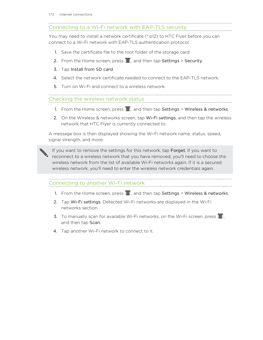 HTC HTCFlyerP512 manual Connecting to a Wi-Fi network with EAP-TLS security, Checking the wireless network status 