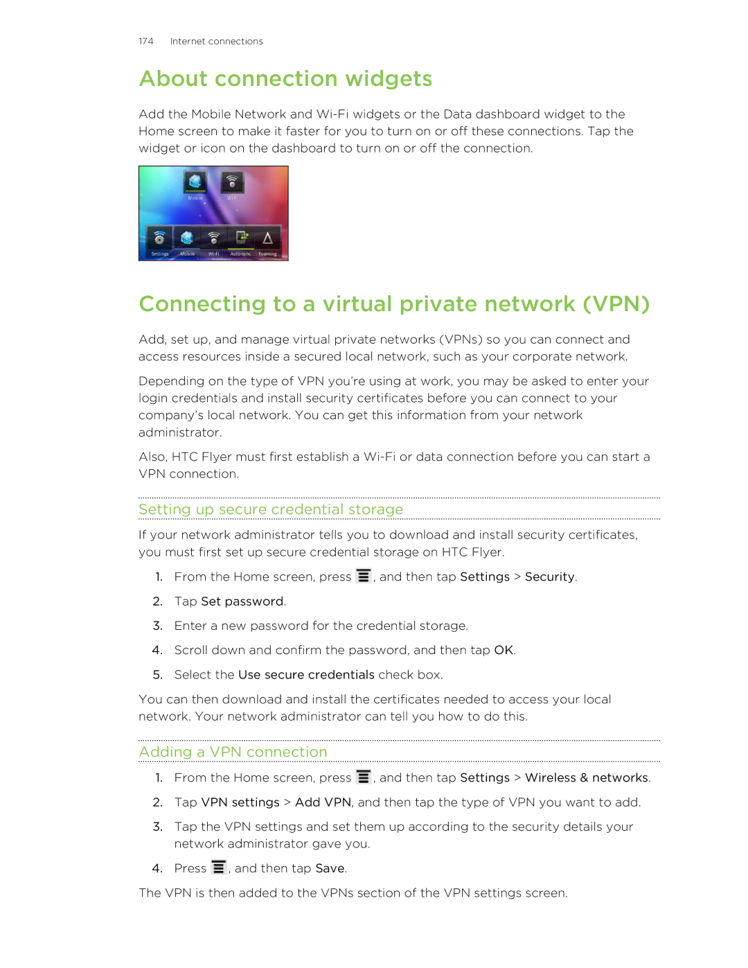 HTC HTCFlyerP512 manual About connection widgets, Connecting to a virtual private network VPN, Adding a VPN connection 