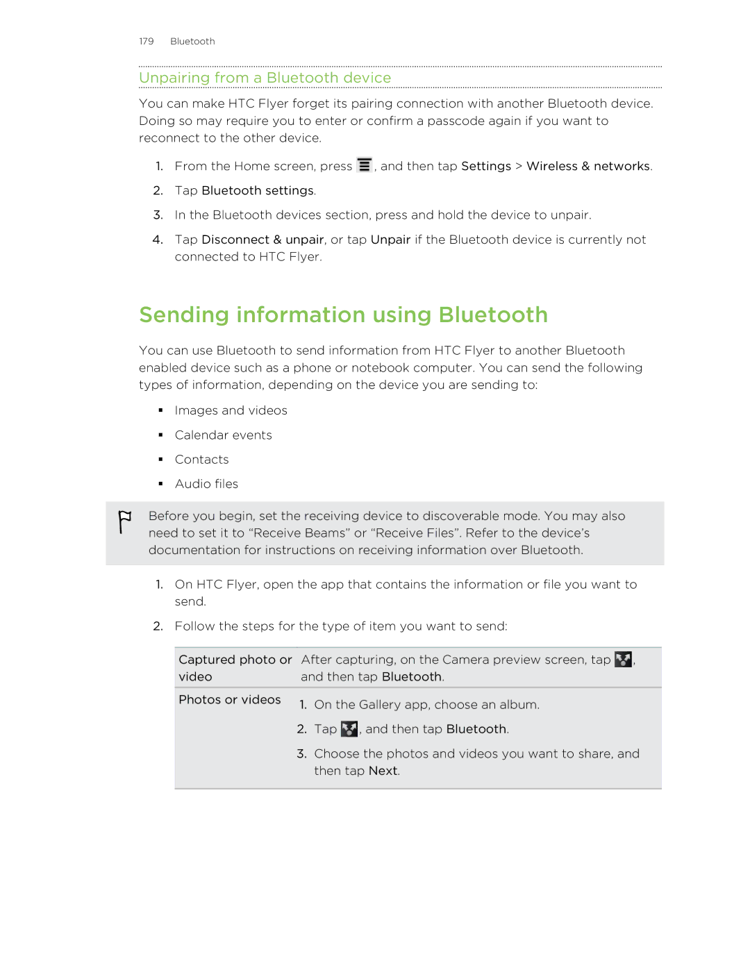 HTC HTCFlyerP512 manual Sending information using Bluetooth, Unpairing from a Bluetooth device 