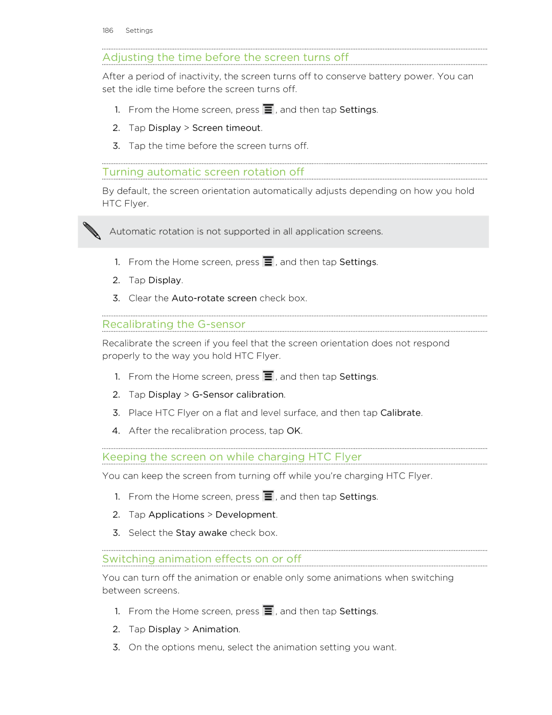 HTC HTCFlyerP512 manual Adjusting the time before the screen turns off, Turning automatic screen rotation off 