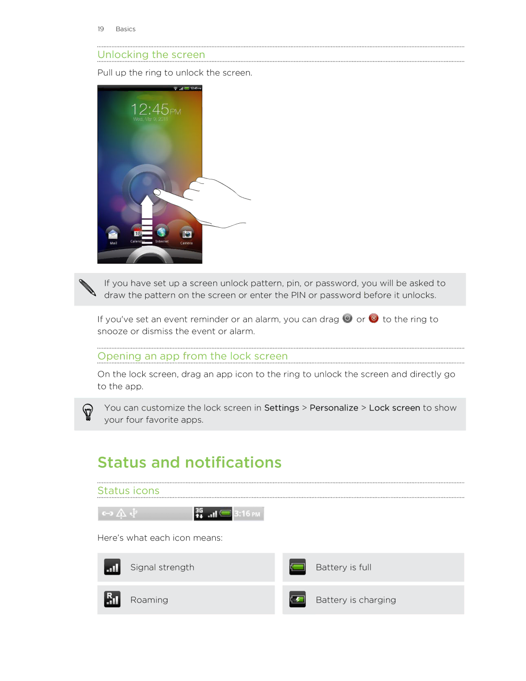 HTC HTCFlyerP512 manual Status and notifications, Unlocking the screen, Opening an app from the lock screen, Status icons 