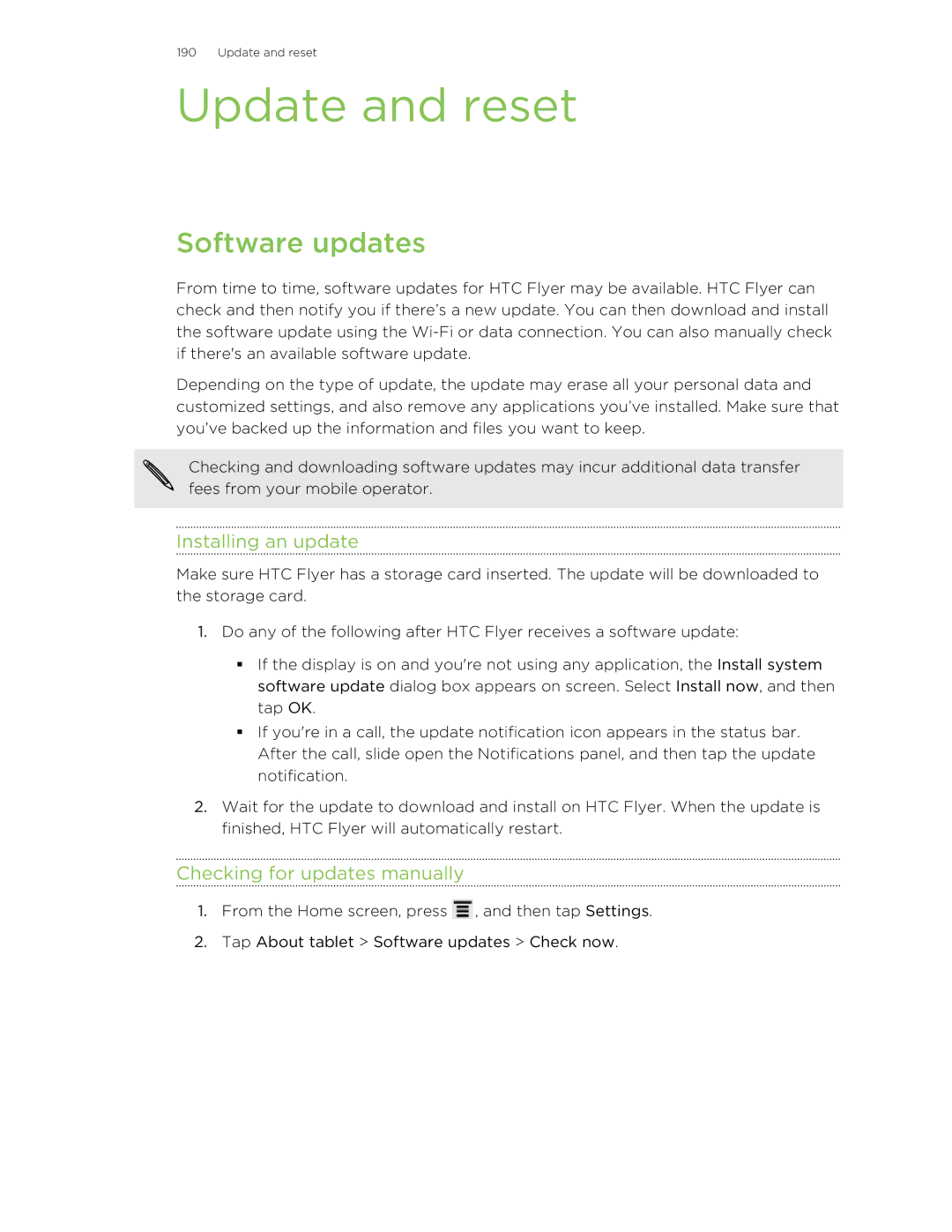 HTC HTCFlyerP512 Update and reset, Software updates, Installing an update, Checking for updates manually 