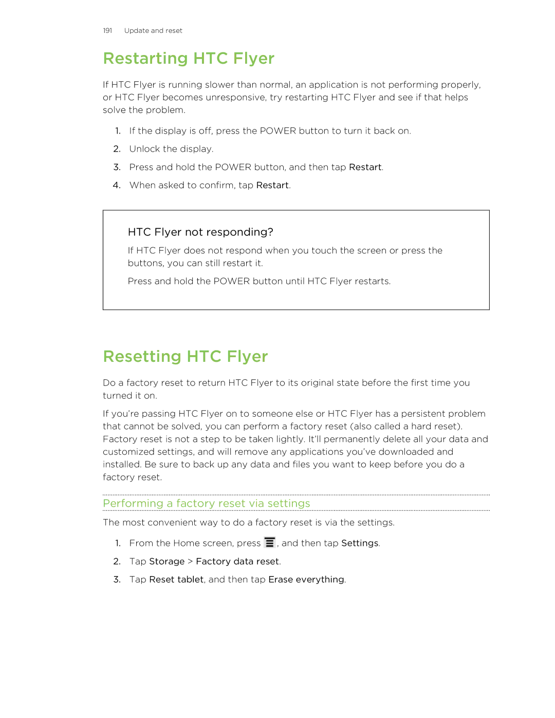 HTC HTCFlyerP512 manual Restarting HTC Flyer, Resetting HTC Flyer, Performing a factory reset via settings 