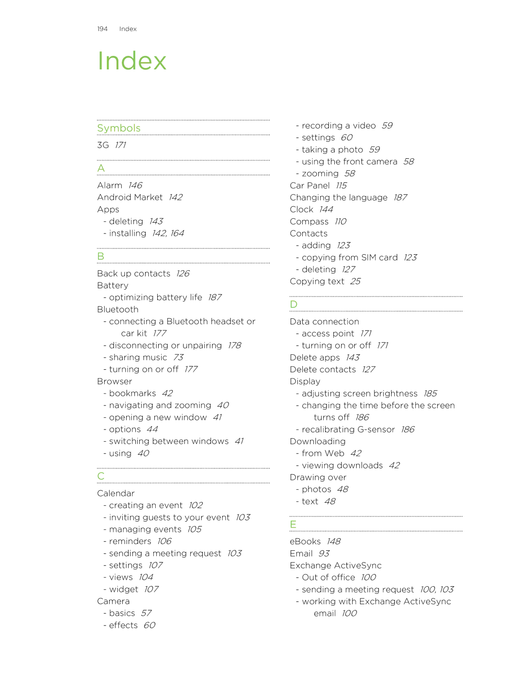 HTC HTCFlyerP512 manual Index, Symbols 