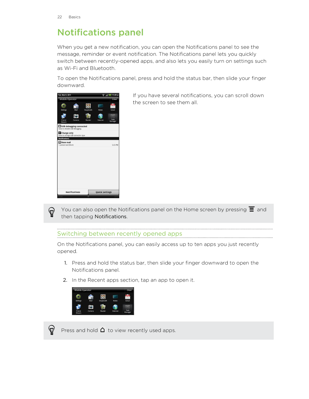 HTC HTCFlyerP512 manual Notifications panel, Switching between recently opened apps 