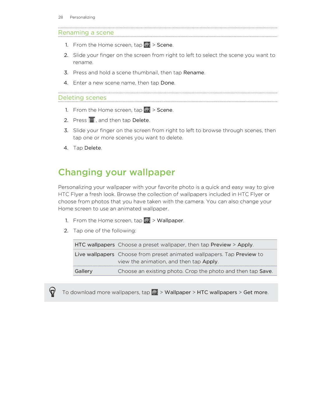 HTC HTCFlyerP512 manual Changing your wallpaper, Renaming a scene, Deleting scenes 
