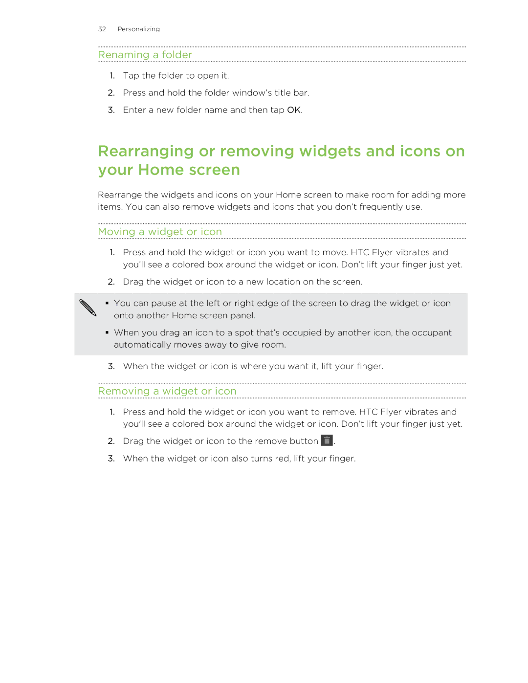 HTC HTCFlyerP512 manual Renaming a folder, Moving a widget or icon, Removing a widget or icon 