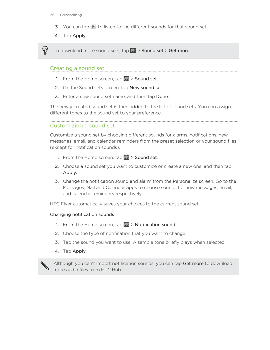 HTC HTCFlyerP512 manual Creating a sound set, Customizing a sound set 