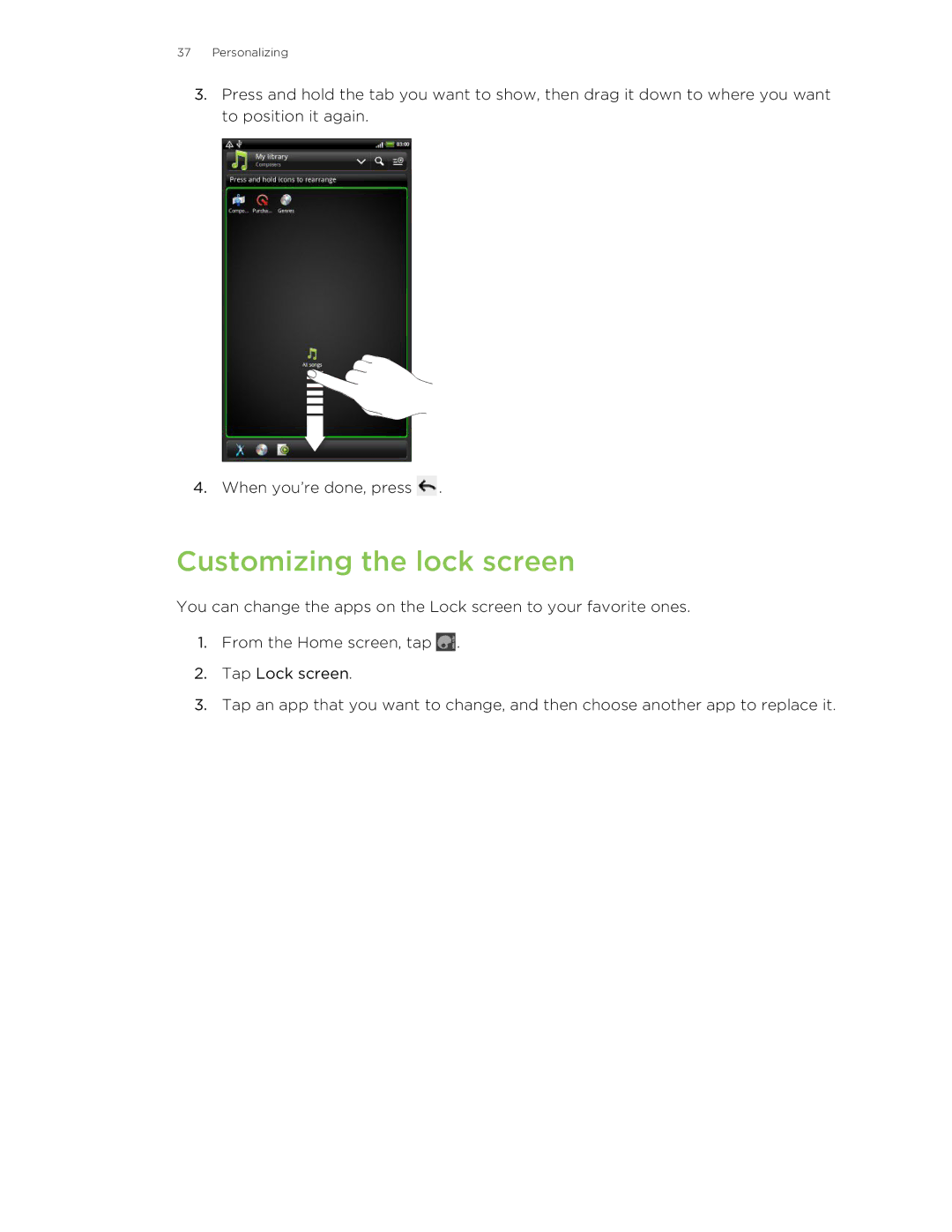 HTC HTCFlyerP512 manual Customizing the lock screen 