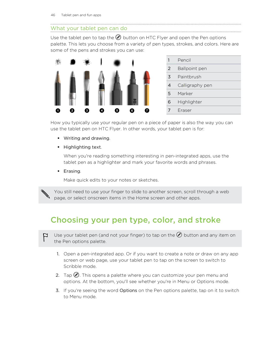 HTC HTCFlyerP512 manual Choosing your pen type, color, and stroke, What your tablet pen can do 