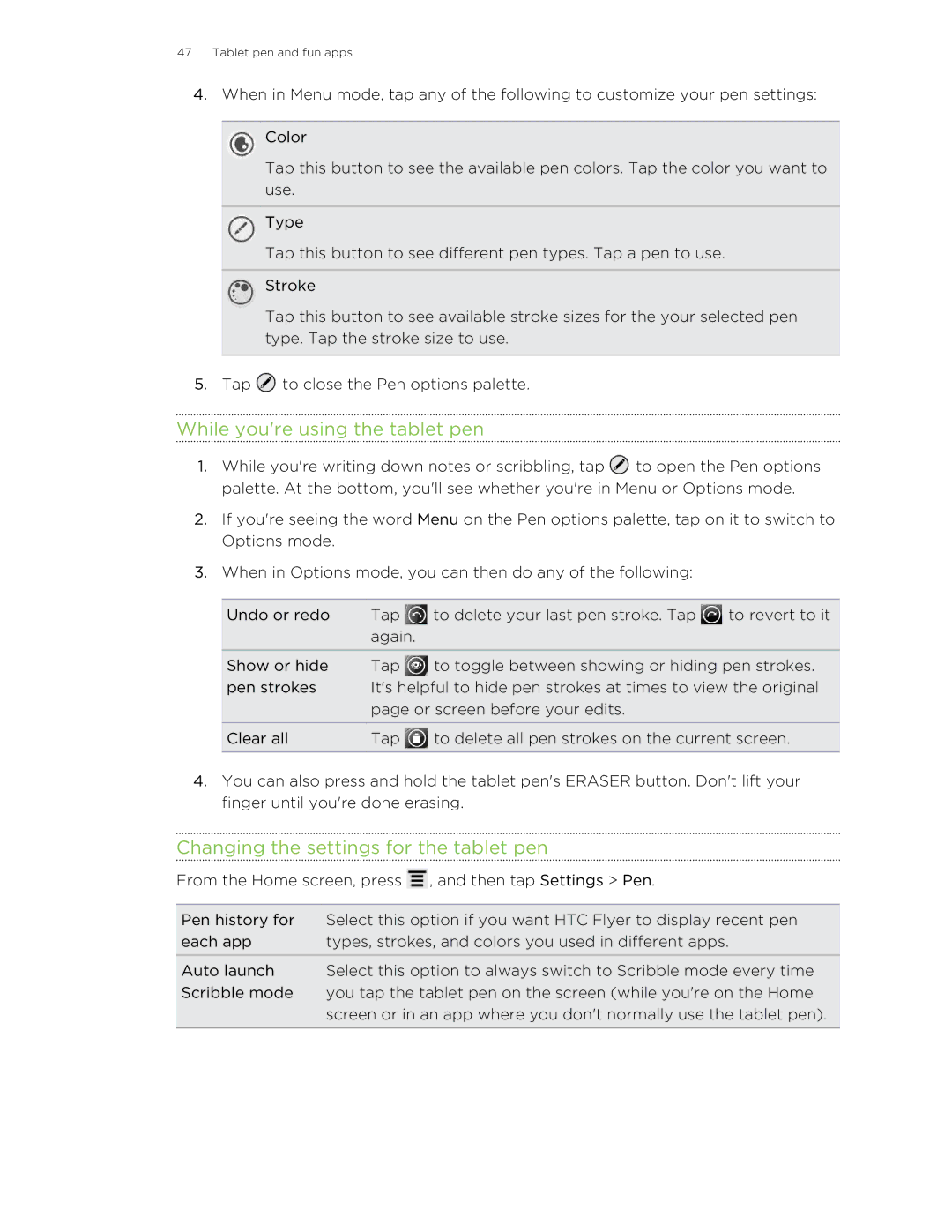 HTC HTCFlyerP512 manual While youre using the tablet pen, Changing the settings for the tablet pen 