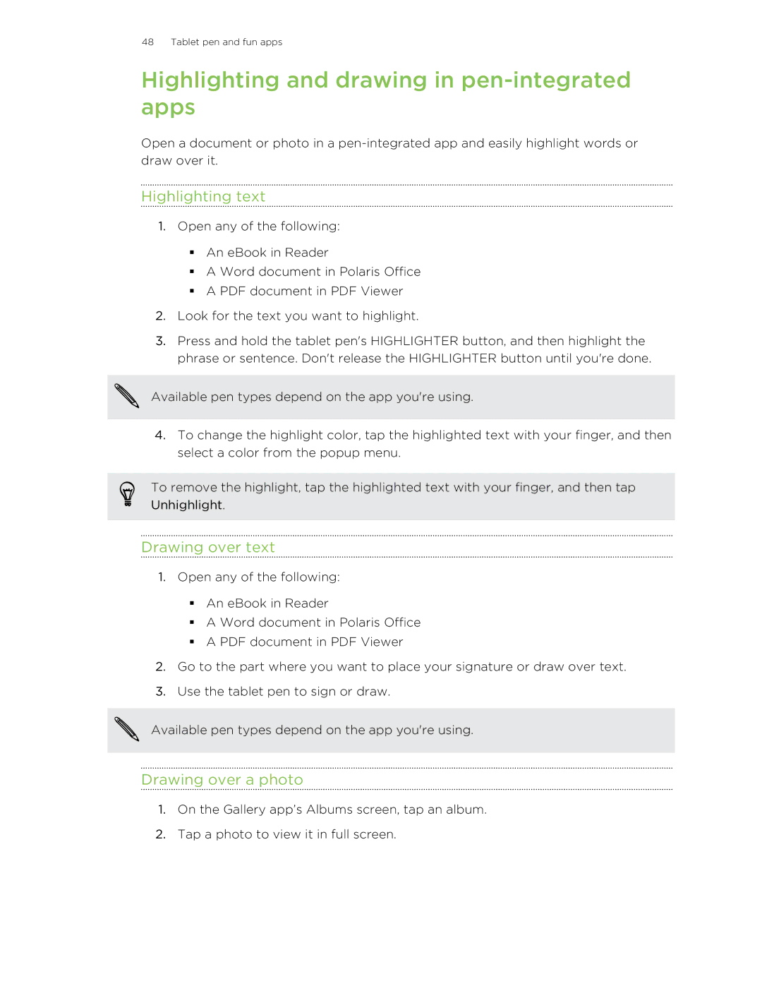 HTC HTCFlyerP512 manual Highlighting and drawing in pen-integrated apps, Highlighting text, Drawing over text 