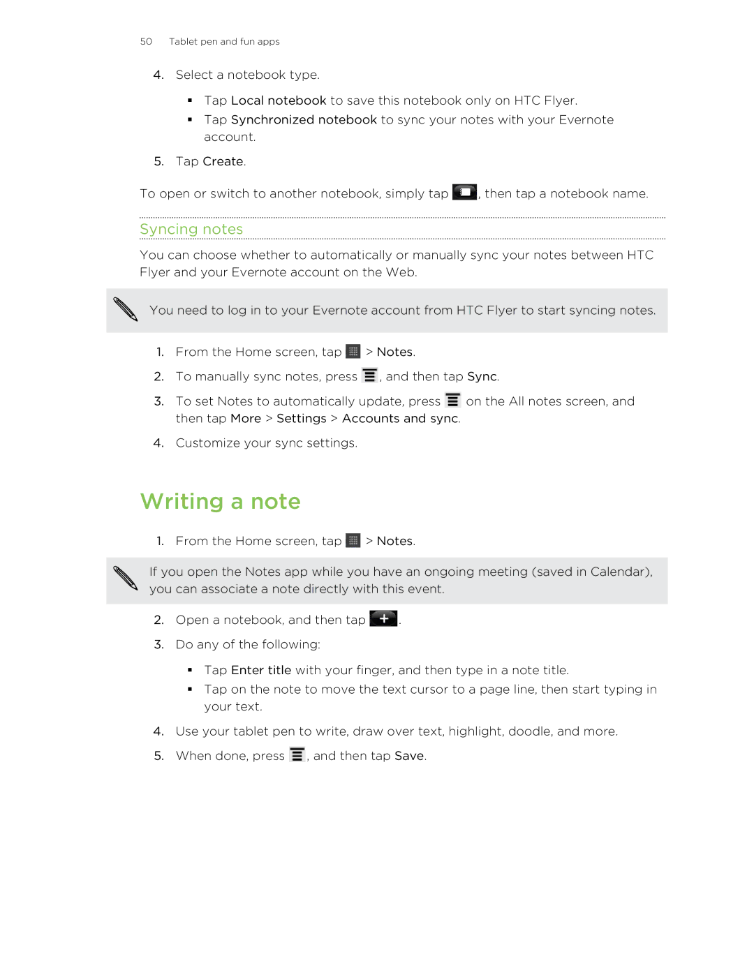 HTC HTCFlyerP512 manual Writing a note, Syncing notes 