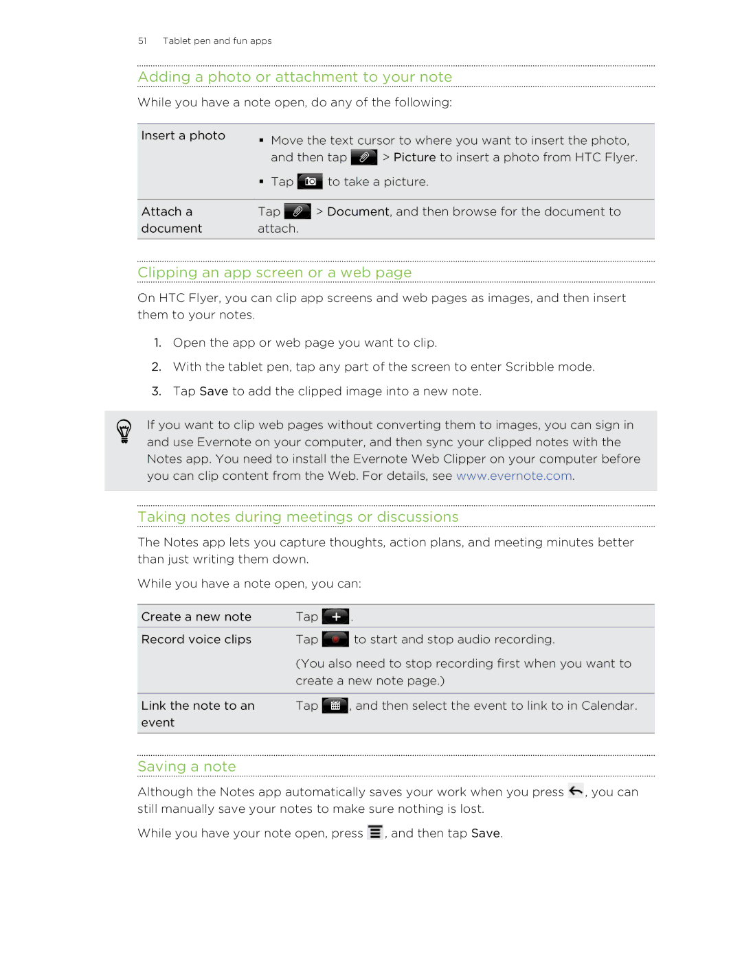 HTC HTCFlyerP512 manual Adding a photo or attachment to your note, Clipping an app screen or a web, Saving a note 