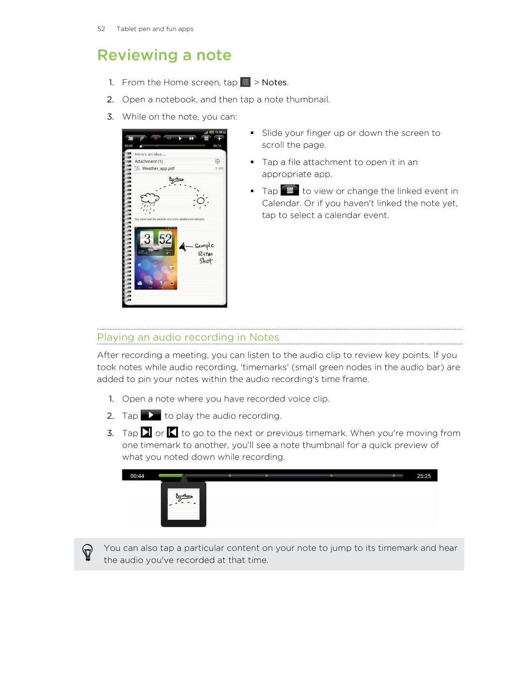 HTC HTCFlyerP512 manual Reviewing a note, Playing an audio recording in Notes 