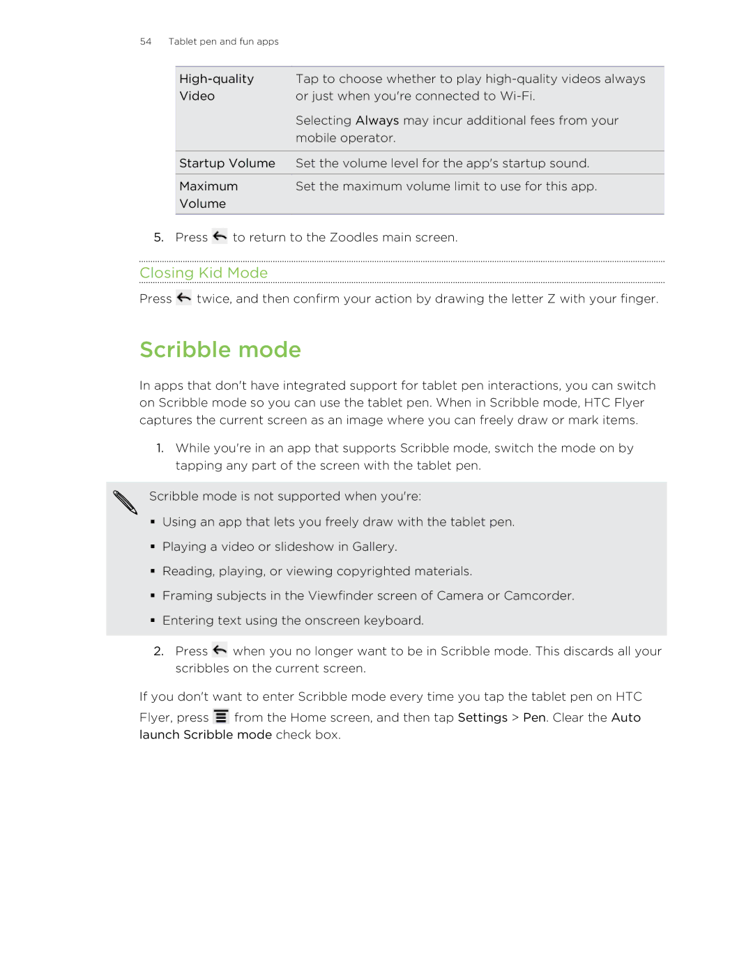 HTC HTCFlyerP512 manual Scribble mode, Closing Kid Mode 