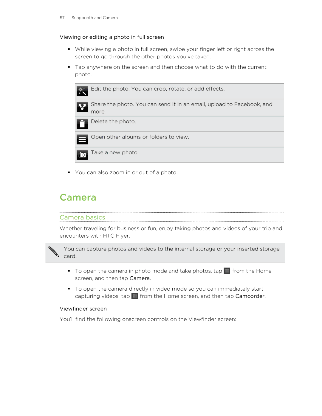 HTC HTCFlyerP512 manual Camera basics 