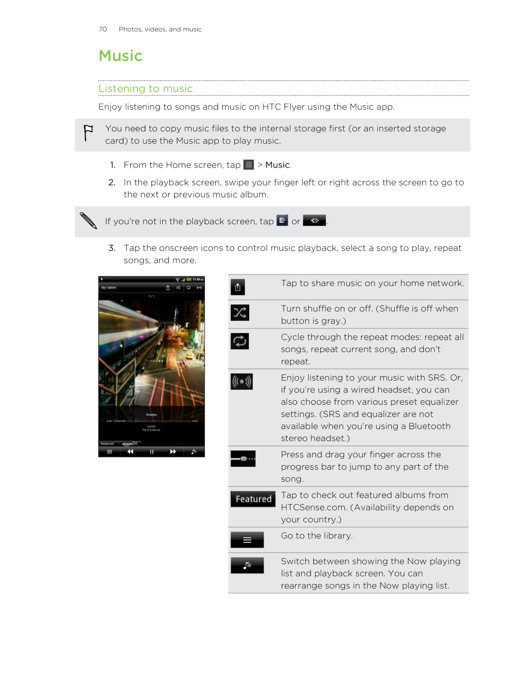 HTC HTCFlyerP512 manual Music, Listening to music 