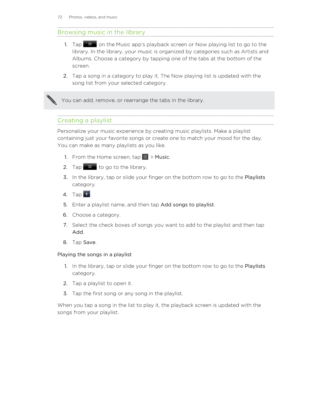 HTC HTCFlyerP512 manual Browsing music in the library, Creating a playlist 
