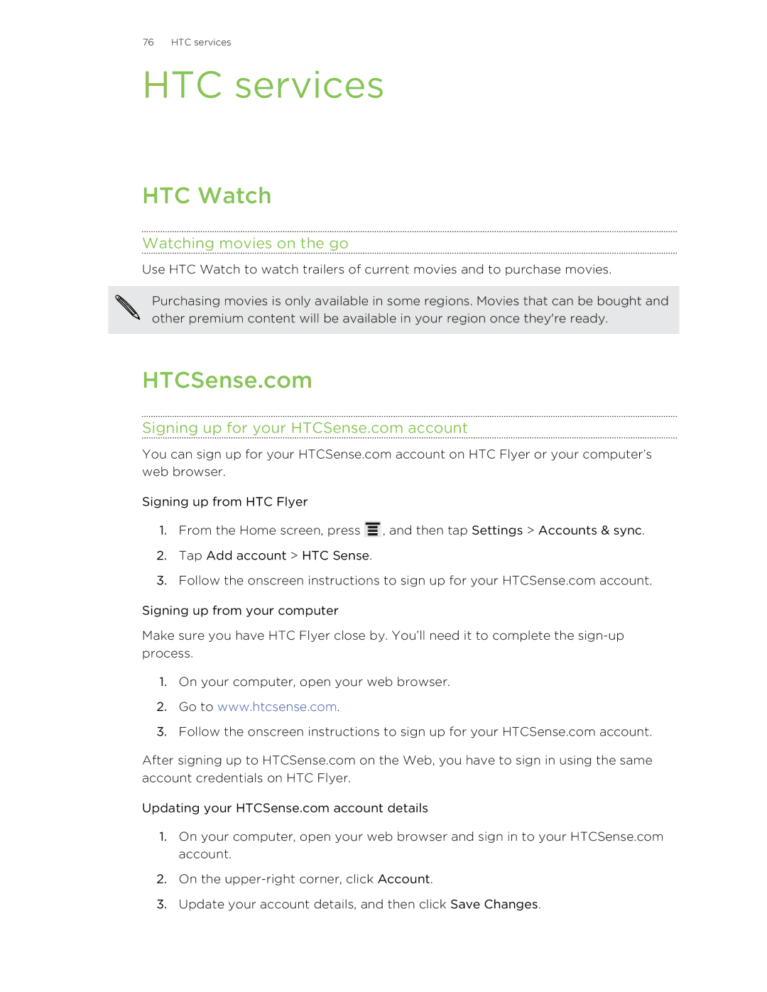 HTC HTCFlyerP512 manual HTC services, HTC Watch, HTCSense.com, Watching movies on the go 