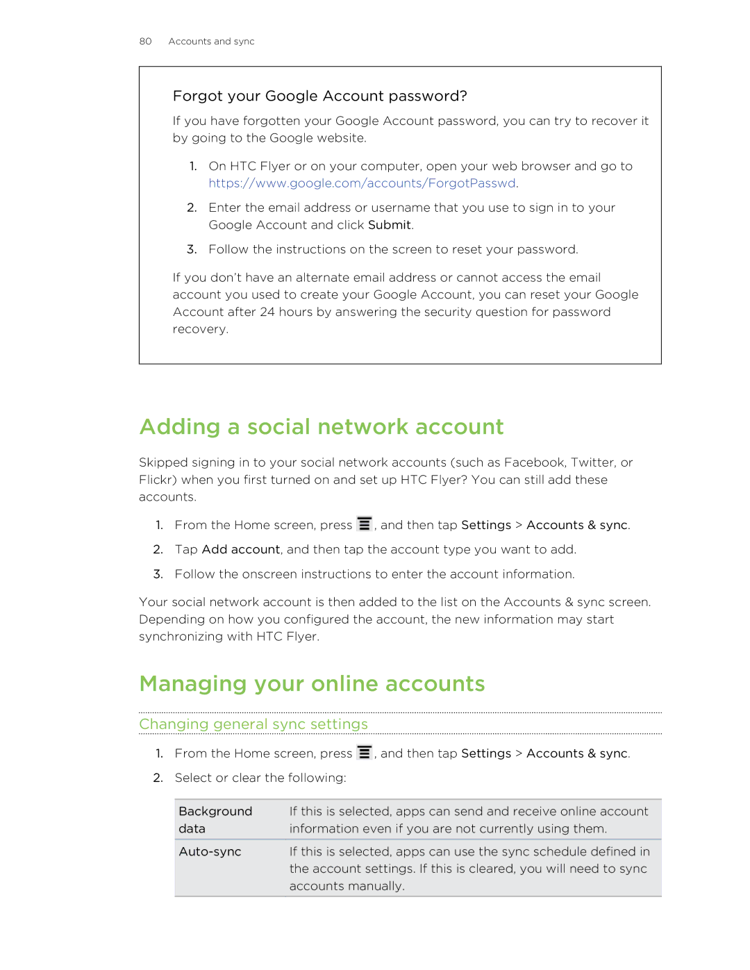 HTC HTCFlyerP512 manual Adding a social network account, Managing your online accounts, Changing general sync settings 