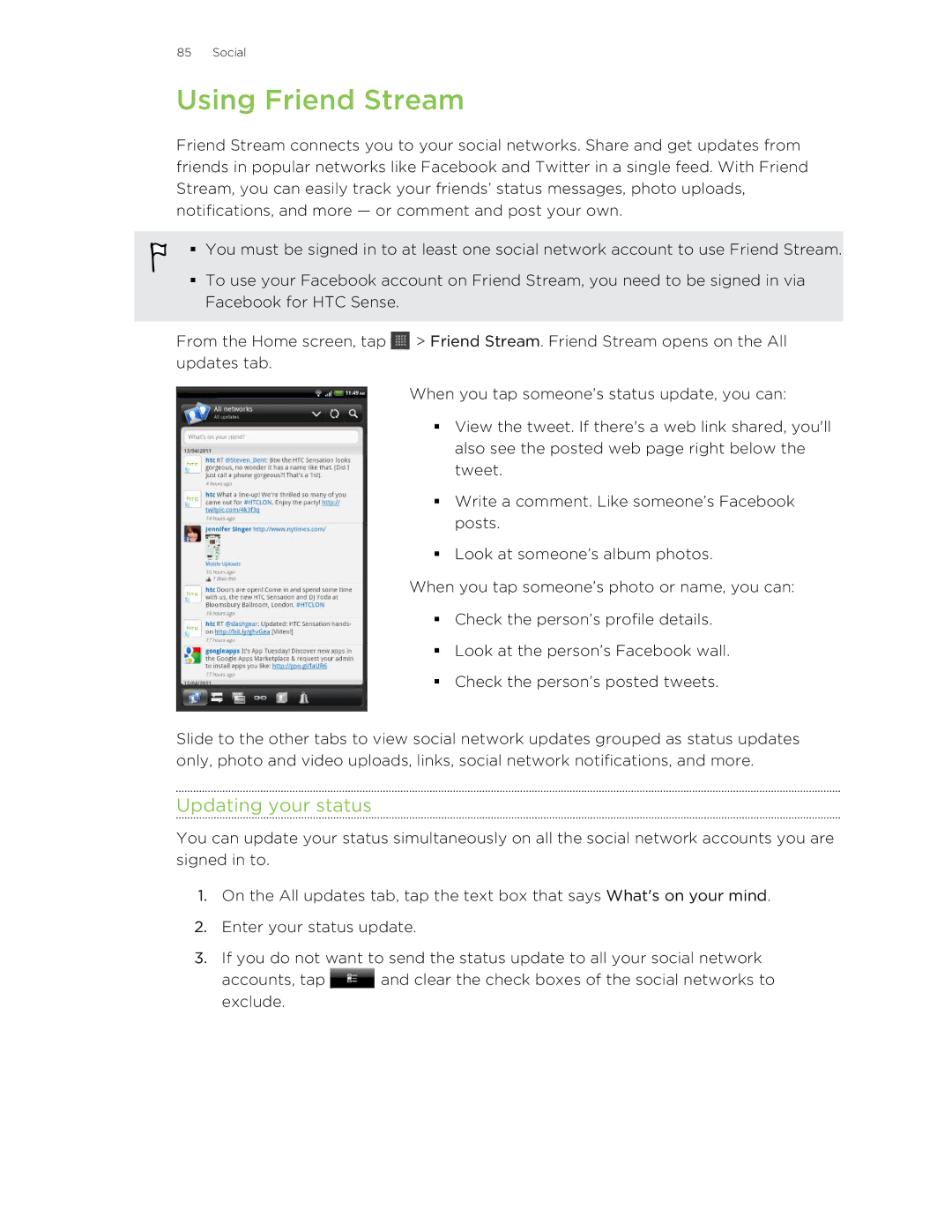 HTC HTCFlyerP512 manual Using Friend Stream, Updating your status 