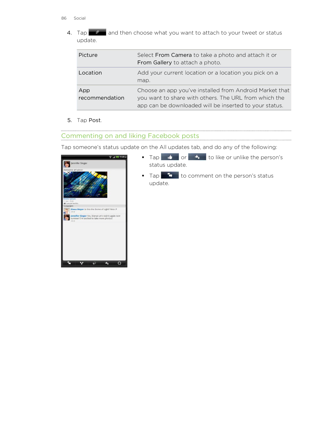 HTC HTCFlyerP512 manual Commenting on and liking Facebook posts 