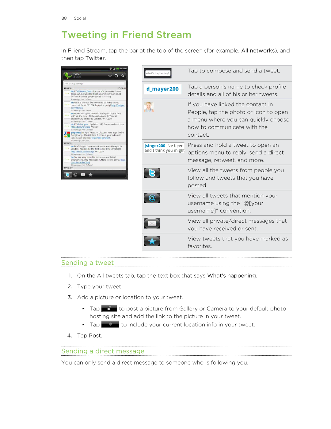 HTC HTCFlyerP512 manual Tweeting in Friend Stream, Sending a tweet, Sending a direct message 