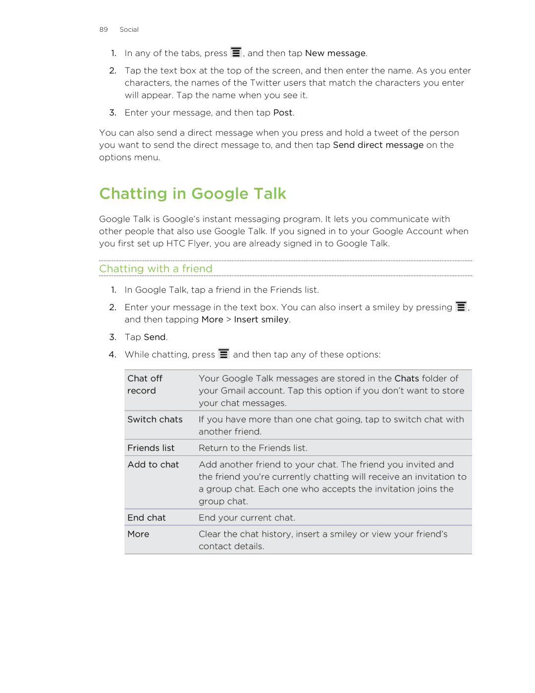 HTC HTCFlyerP512 manual Chatting in Google Talk, Chatting with a friend 