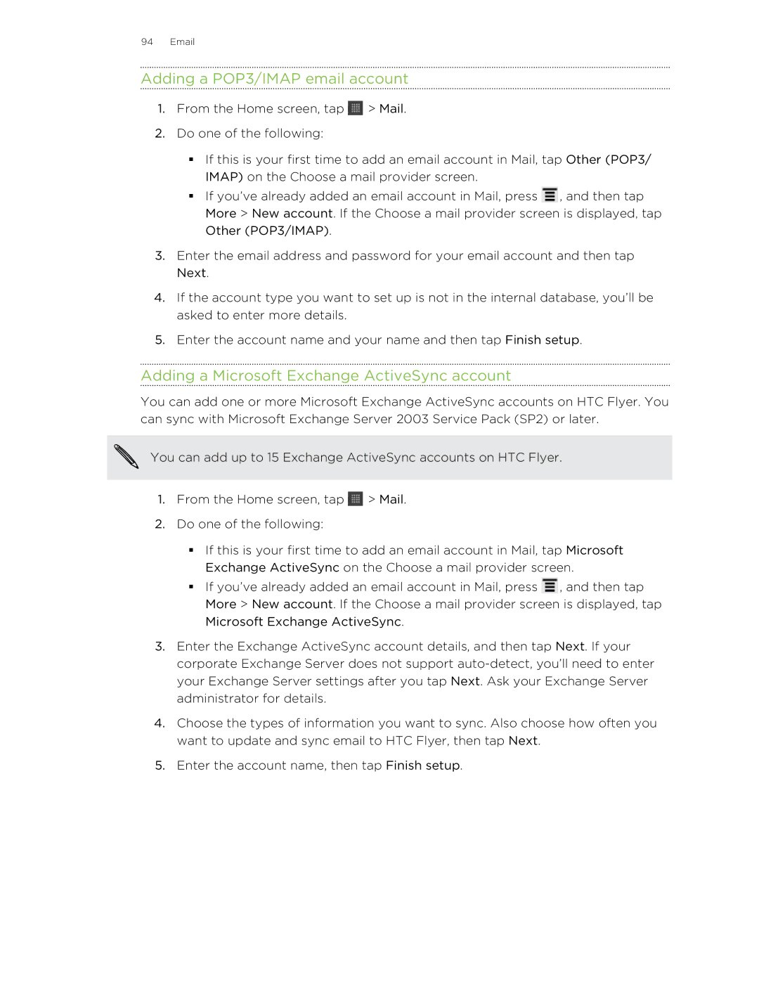 HTC HTCFlyerP512 manual Adding a POP3/IMAP email account, Adding a Microsoft Exchange ActiveSync account 