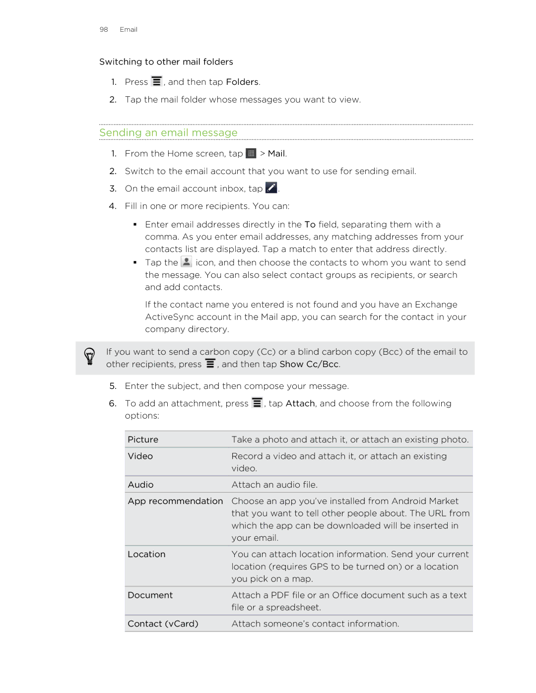 HTC HTCFlyerP512 manual Sending an email message 