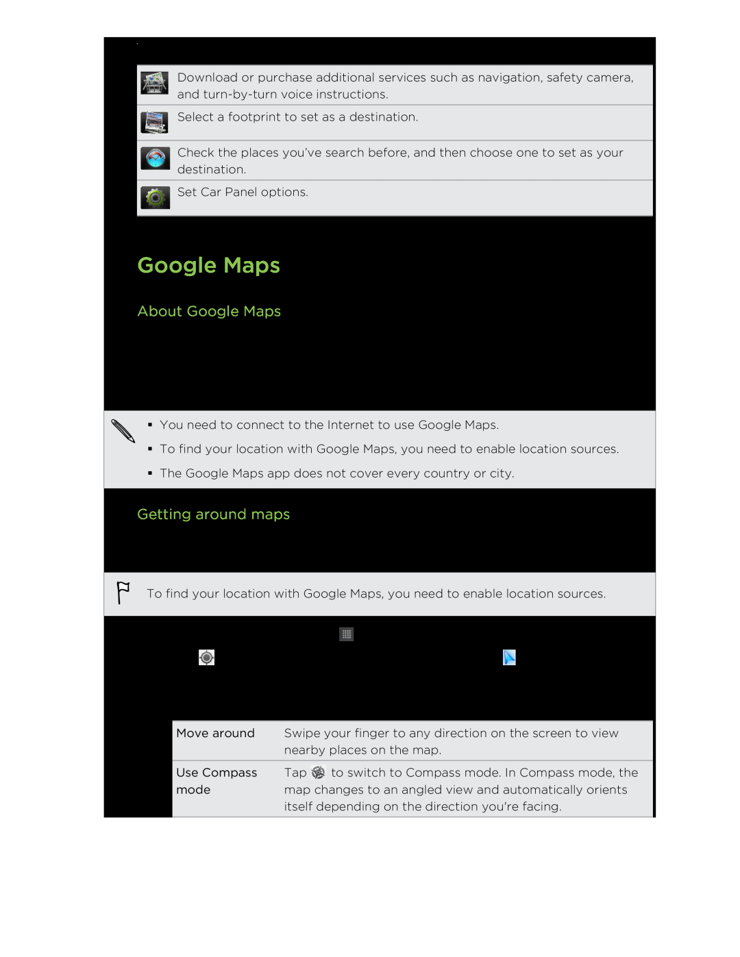 HTC HTCFlyerP512 manual About Google Maps, Getting around maps 