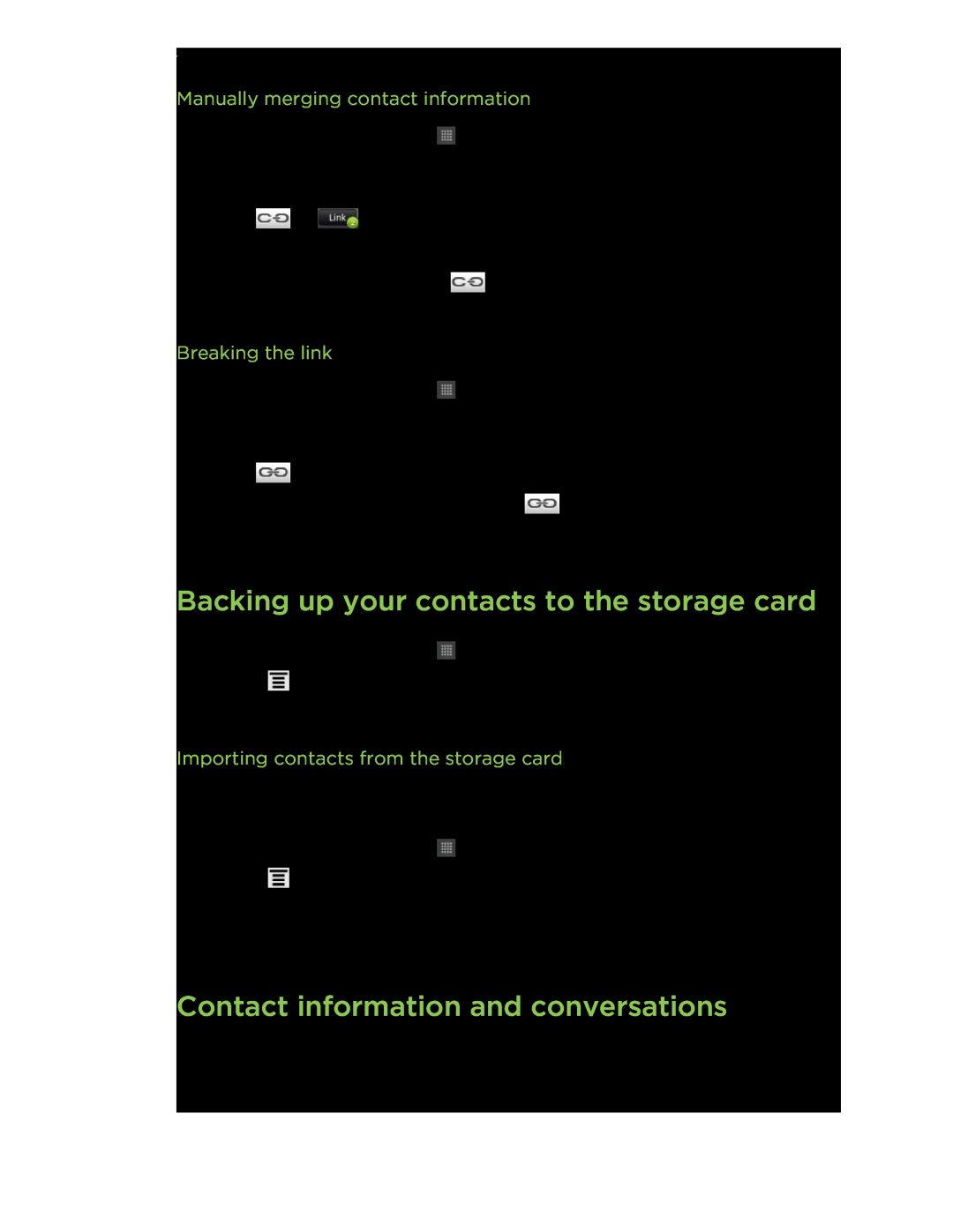 HTC HTCFlyerP512 Backing up your contacts to the storage card, Contact information and conversations, Breaking the link 