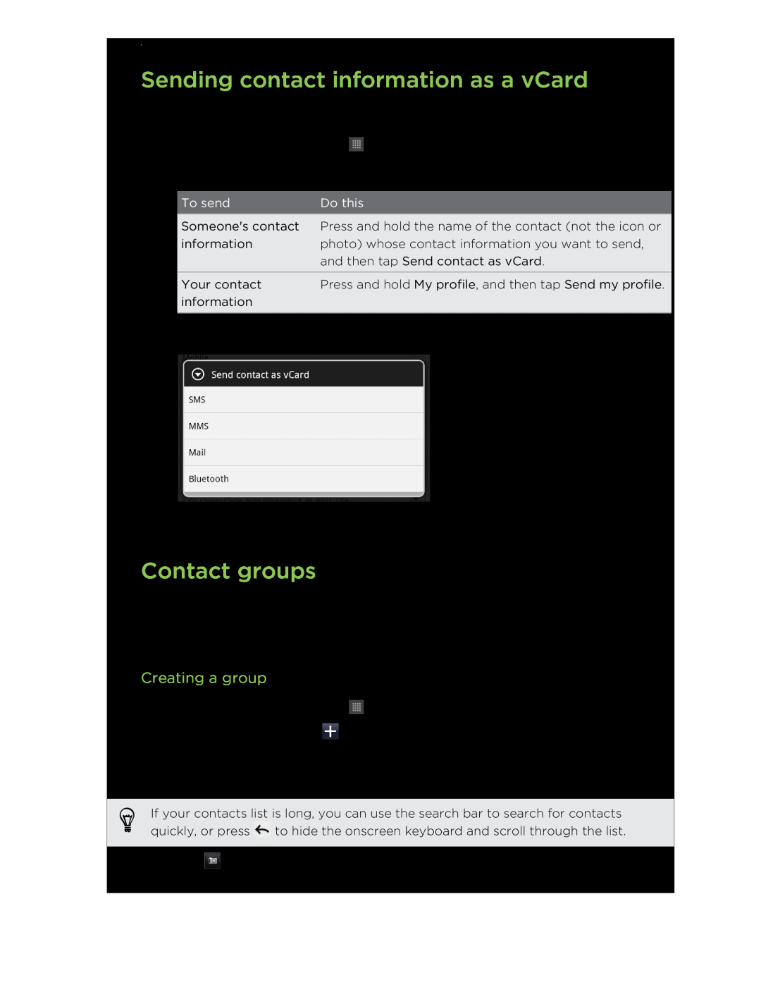 HTC HTCFlyerP512 manual Sending contact information as a vCard, Contact groups, Creating a group, To send, Do this 