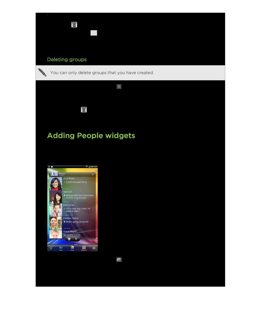 HTC HTCFlyerP512 manual Adding People widgets, Deleting groups 