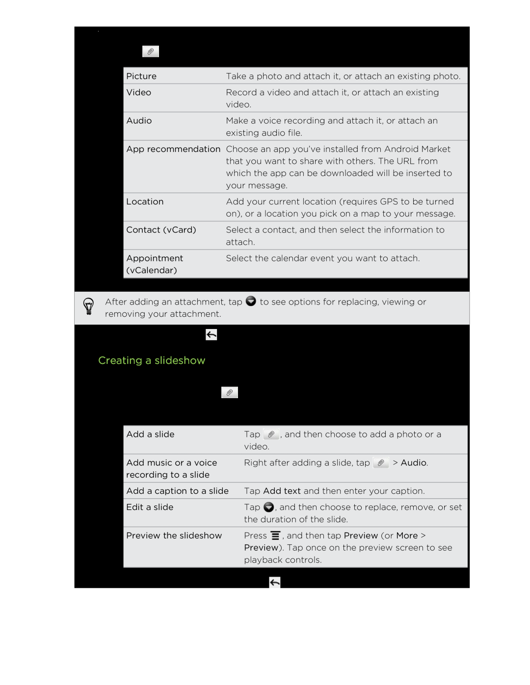 HTC HTCFlyerP512 manual Creating a slideshow, Messages 