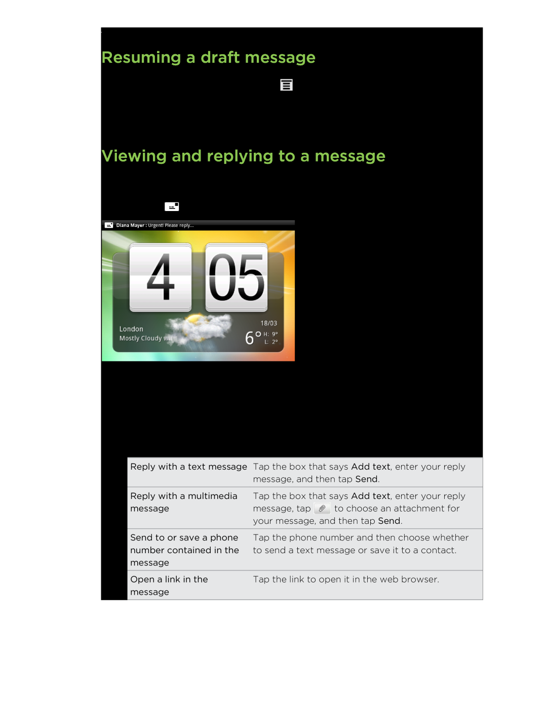 HTC HTCFlyerP512 manual Resuming a draft message, Viewing and replying to a message 