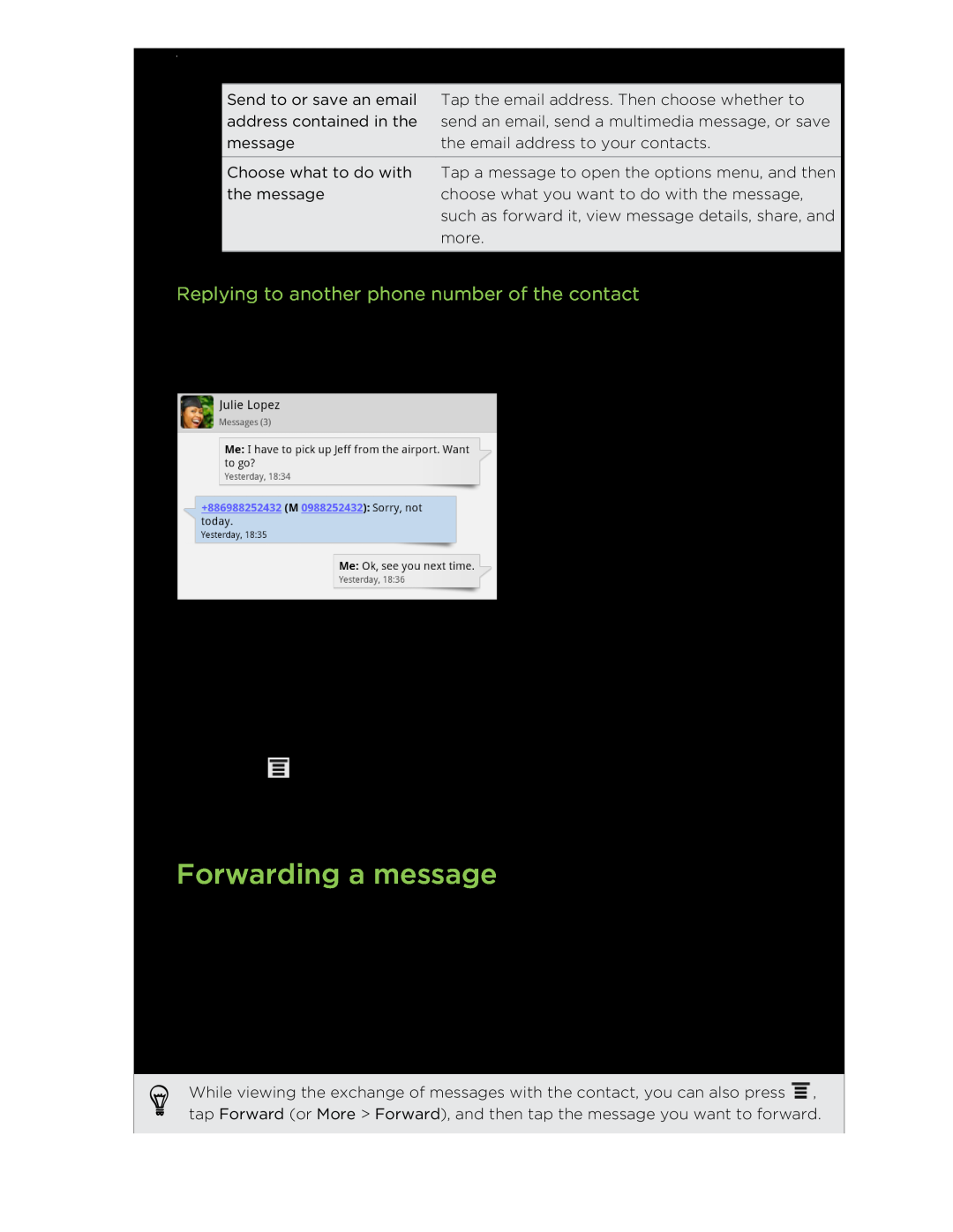 HTC HTCFlyerP512 manual Forwarding a message, Replying to another phone number of the contact 