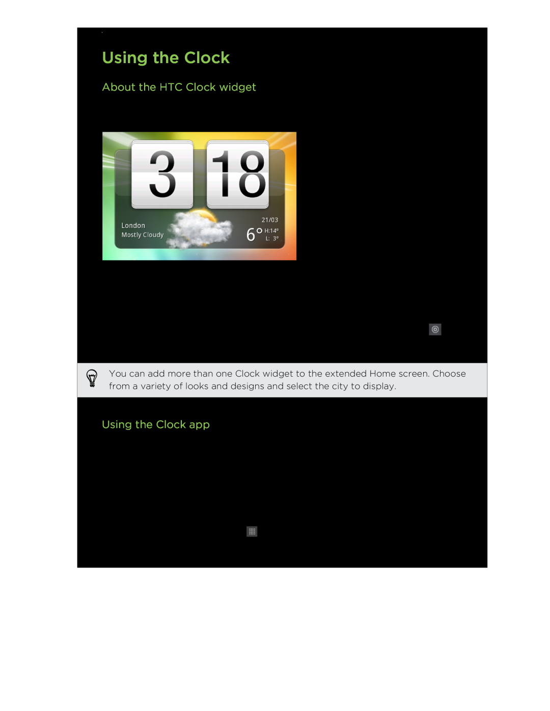 HTC HTCFlyerP512 manual About the HTC Clock widget, Using the Clock app 