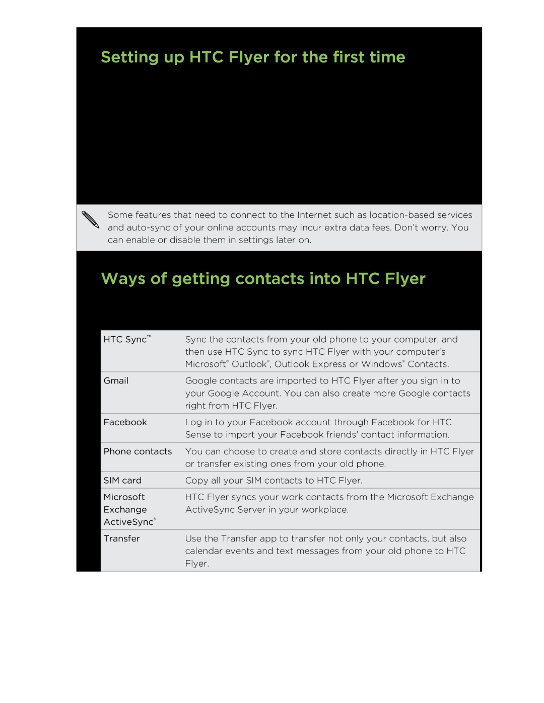 HTC HTCFlyerP512 manual Setting up HTC Flyer for the first time, Ways of getting contacts into HTC Flyer 