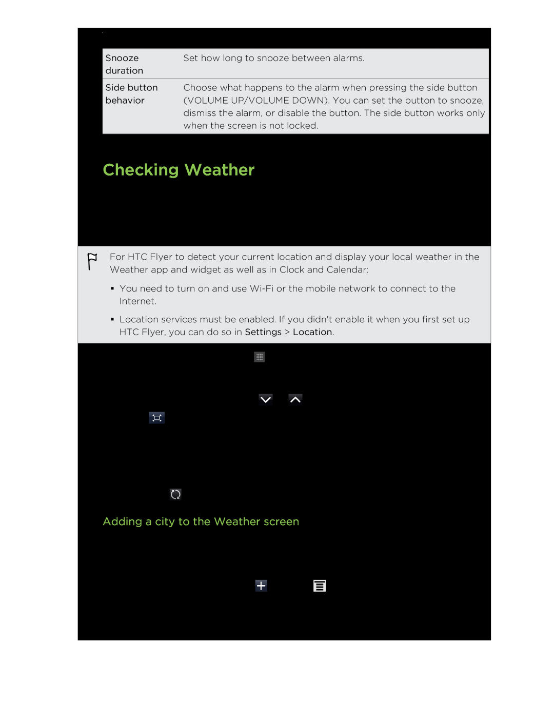 HTC HTCFlyerP512 manual Checking Weather, Adding a city to the Weather screen 