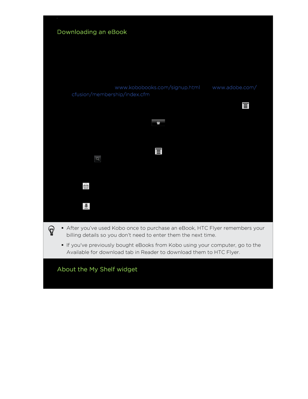 HTC HTCFlyerP512 manual Downloading an eBook, About the My Shelf widget 