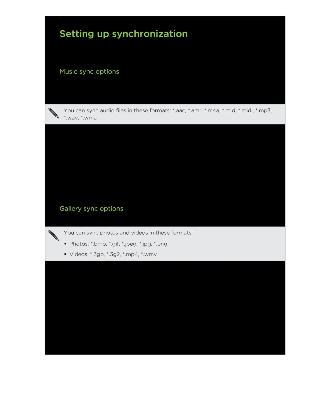 HTC HTCFlyerP512 manual Setting up synchronization, Music sync options, Gallery sync options 