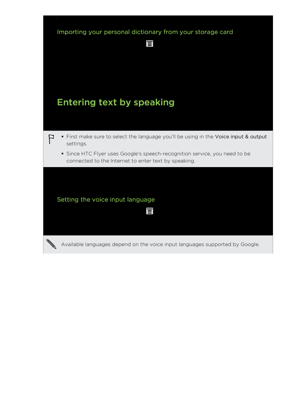 HTC HTCFlyerP512 manual Entering text by speaking, Importing your personal dictionary from your storage card 