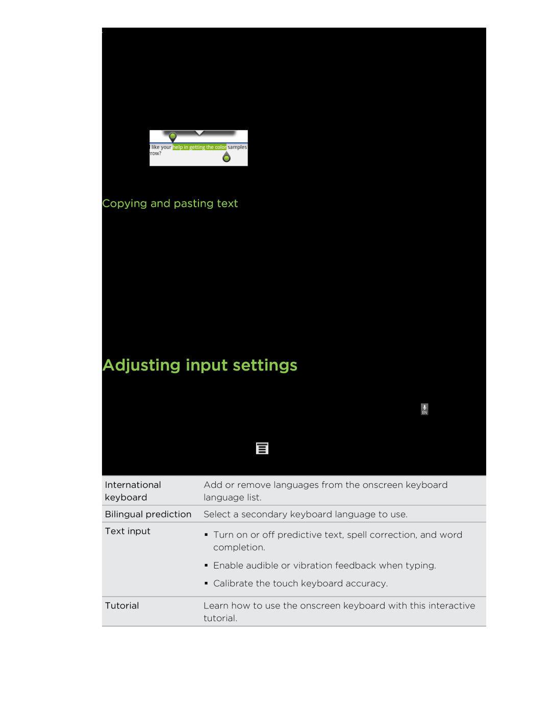 HTC HTCFlyerP512 manual Adjusting input settings, Copying and pasting text, Keyboard 