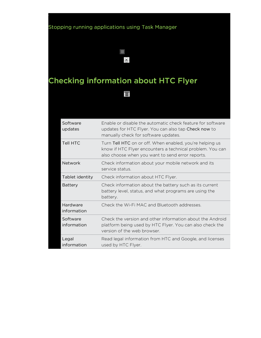 HTC HTCFlyerP512 manual Checking information about HTC Flyer, Stopping running applications using Task Manager 