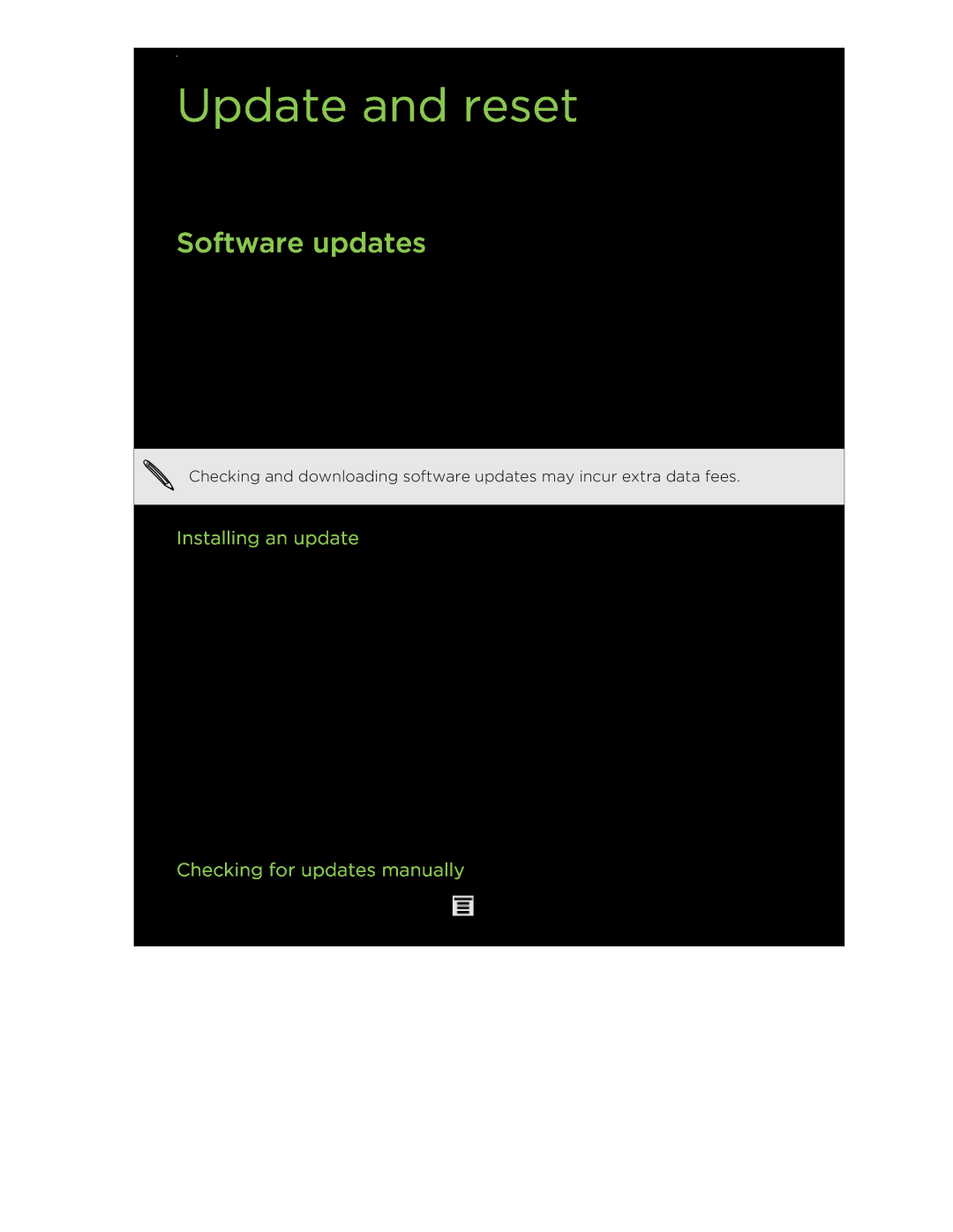 HTC HTCFlyerP512 Update and reset, Software updates, Installing an update, Checking for updates manually 