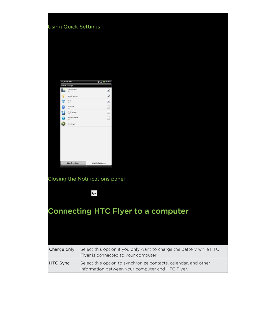 HTC HTCFlyerP512 manual Connecting HTC Flyer to a computer, Using Quick Settings, Closing the Notifications panel 